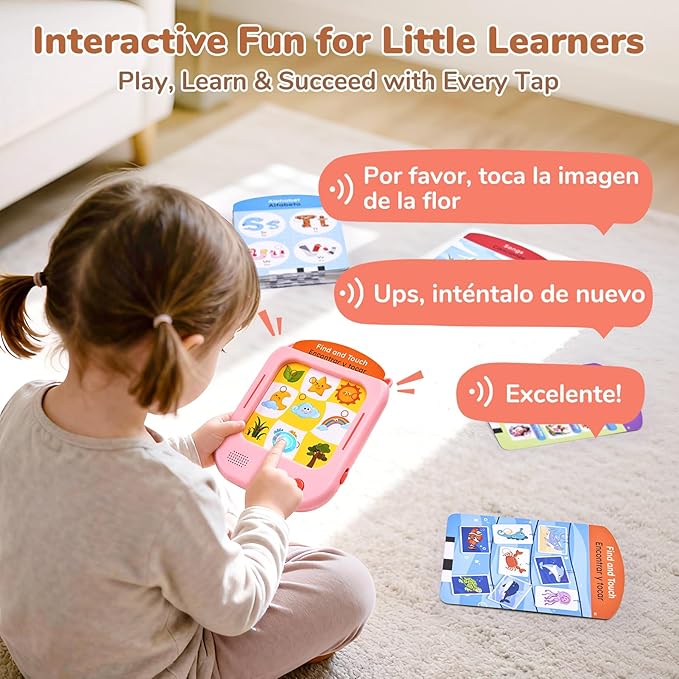 JoyCat Bilingual Kids Learning Tablet, English & Spanish Talking Flash Cards with 106 Pages, 20 Interactive Games, Montessori Learning Toy for Alphabet, Words, Numbers & Songs, Gift for Toddlers 2-6
