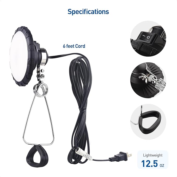 [ETL Listed] Cable Matters Portable LED Clamp Light for Workshop, Clamp On Light (LED Work Lamp) with 6 feet Cord, 800 Lumens, 9.5Watts, 5000K Daylight