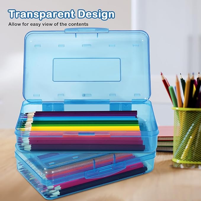 Colored Plastic Pencil Box, Large Capacity Pencil Case, Pencil Boxs for Kids Adults, Hard Crayon Box Storage with Snap-Tight Lid for School Office Supplies (Blue)