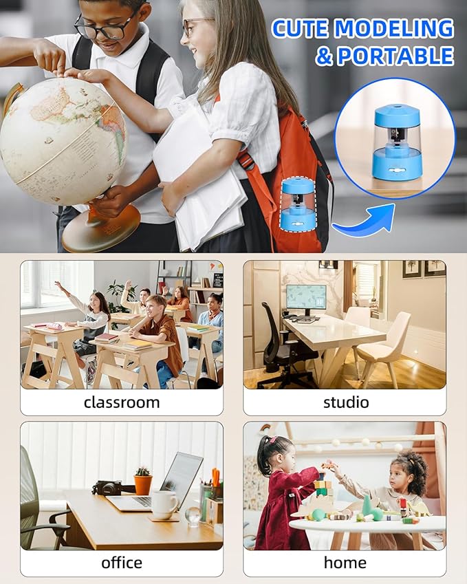 ZMOL Electric Pencil Sharpener Battery Operated Power Kids for Colored & Jumbo Pencils No.2/(6-12mm) - Safe & Easy Use Plug in Portable with (AC Adapter,USB, Battery) for Classroom/Office/Home Blue