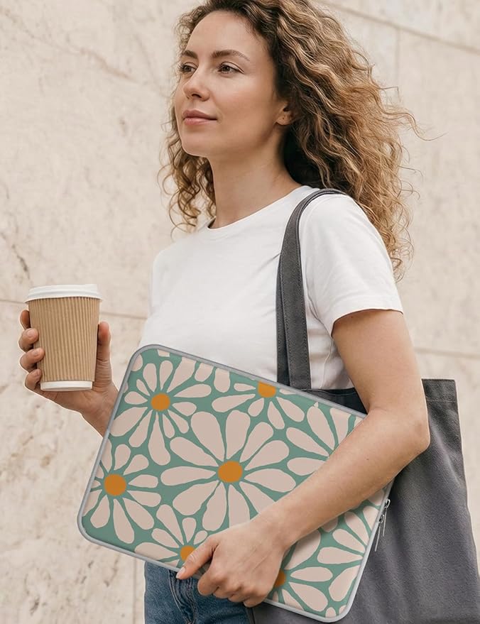 iCasso Laptop Sleeve 13 inch for MacBook Air 13-13.6 inch, Chic Laptop case for MacBook Pro 13 inch, Slim Protective Travel Carrying Case for MacBook Pro 14 inch, Chromebook, HP, Dell, Green Daisy