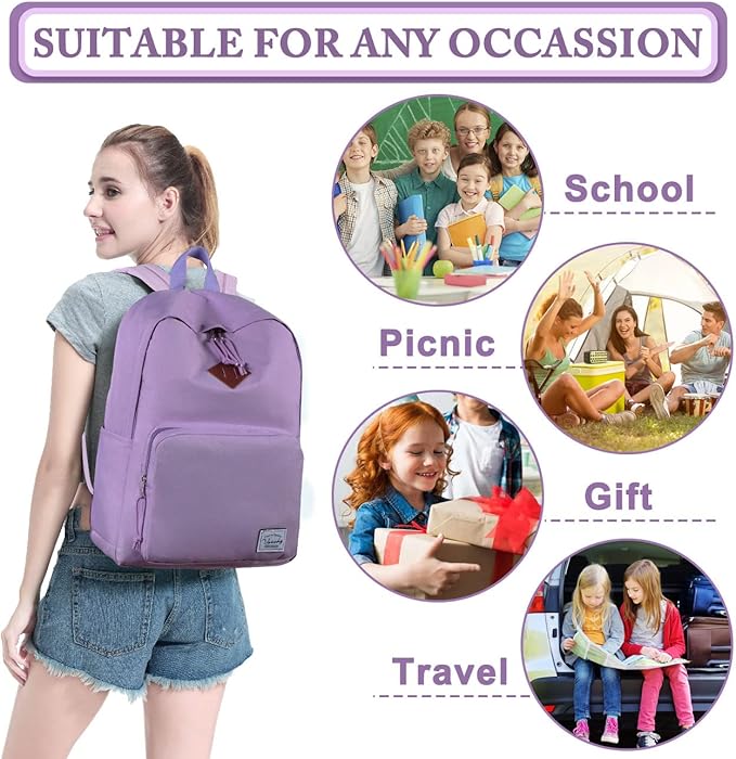 VASCHY School Backpack, Ultra Lightweight Backpack for Women Bookbag for Kids Teen Boys Girls Purple