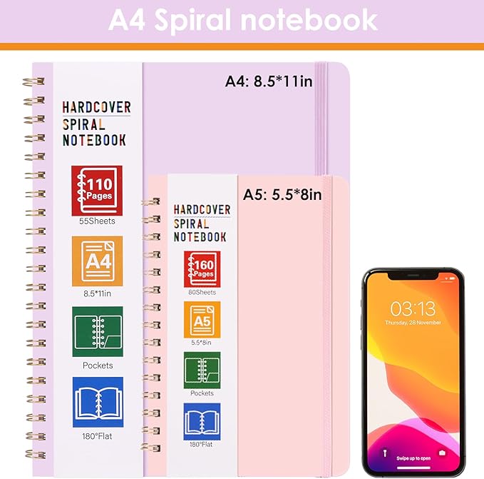LABUK A4 Large Notebooks for Women Men, Spiral Notebook 8.5 x 11, 110 Pages College Ruled Hardcover Notebook for Work School Note Taking