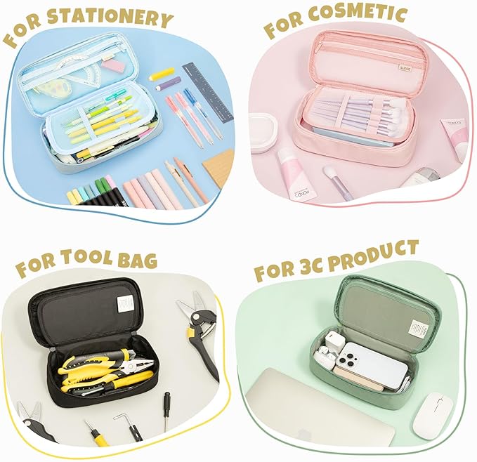 SUNEE Cute Pencil Case, Large Capacity Pencil Pouch, Big Storage Organizer for Stationery, Zipper Pen Bag, Back to School Supplies, Office Water-Repellent Nylon Pencil Bag for Teen Girls Boys, Cream