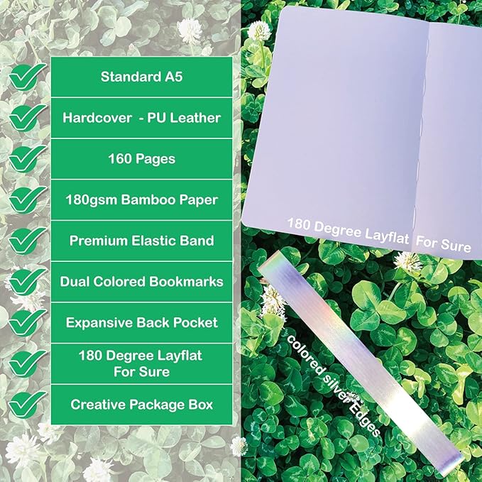 BUKE Dotted Notebook Journal 180GSM Bamboo Thick White Paper 160 Pages 5 * 5MM Dot Grid, Lay Flat Binding,Colored Silver Edges, Bookmarks and Expandable Back Pocket (BKP-8)
