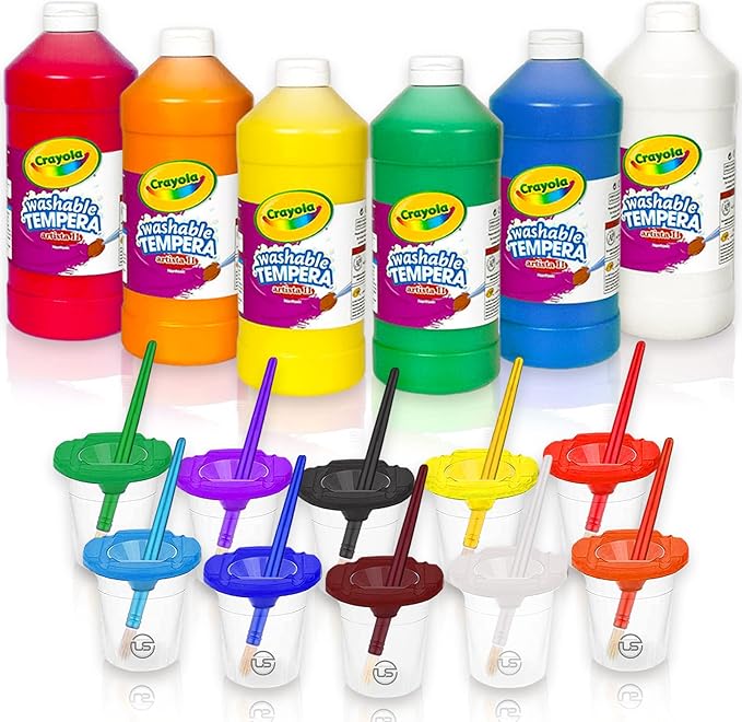 Kids Painting Set, Washable Paint for Kids with Painting Cups, Tempera Paint Set with Toddler Paintbrushes, Classroom Paints 16 oz Ea. Toddler Bulk Paints Supplies, Gifting Bundle