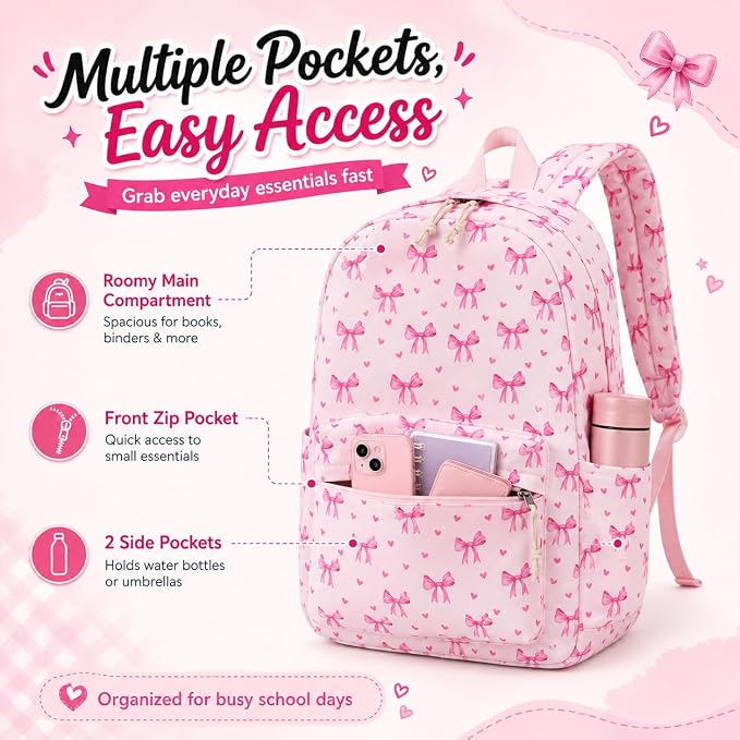 LOIDOU Backpack for Girls School Backpacks Bookbags for Elementary Middle School Women Laptop Backpacks (Bow Tie Pink, L-17)