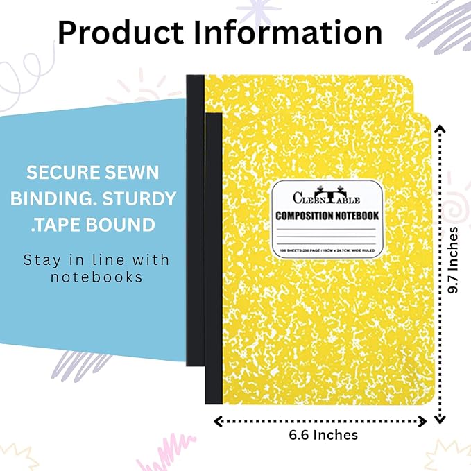 CLEENTABLE Composition Notebook 5 Pack, Wide Ruled Paper, Marble Cover Notebooks for School, 9.75 x 7.5 Inches, 100 Sheets (200 Pages), Sewn Binding Comp Books, Yellow