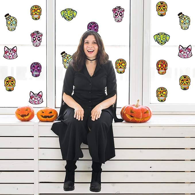 Renbuzhu 36PCS Dia De Los Muertos Crafts Bulk: Sugar Skull Paper Suncatchers DIY Kit for Day of The Dead Halloween Party Activities Decorations, Window Stained Glass Effect Art Supplies
