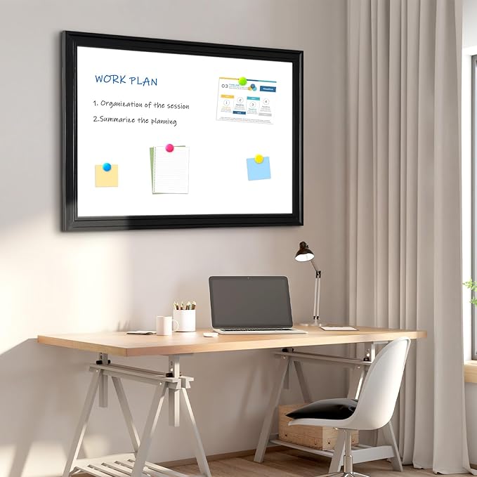 4 THOUGHT Magnetic Whiteboard 36" x 24" Dry Erase Board Wood Frame Wall-Mounted Decorative White Board Monthly Planner Notice Board for Home Office School with 8 Magnets 4 Markers 1 Eraser, Black