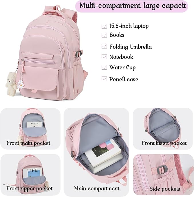 PRLINJSK Girls Backpack for College High Middle School Student, Cute Aesthetic Bookbag for Teens Women with Accessories,Pink