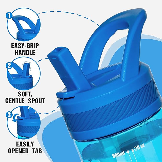 OLDLEY 20oz Kids Water Bottle with Straw, BPA-Free Tritan Water Bottle for School, Leakproof Clear Water Bottle with One Click Open, Measurement Scale, Cup Holder Friendly for Boys Girls,Blue