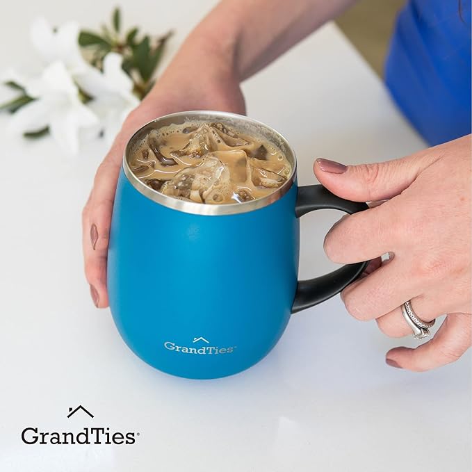 GRANDTIES Insulated Coffee Mug with Handle - Sliding Lid for Splash-Proof 16oz Wine-Glass Shape Thermal Tumbler with Double Walled Vacuum Stainless Steel to Keeps Beverages Hot or Cold-Cobalt Blue