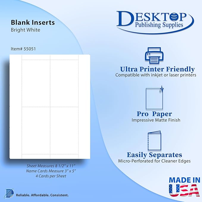 65lb White Printable Index Cards 3x5 - Index Card Sheets for Inkjet & Laser Printers - Perforated cards 4 per page - 25 Sheets / 100 Index Cards