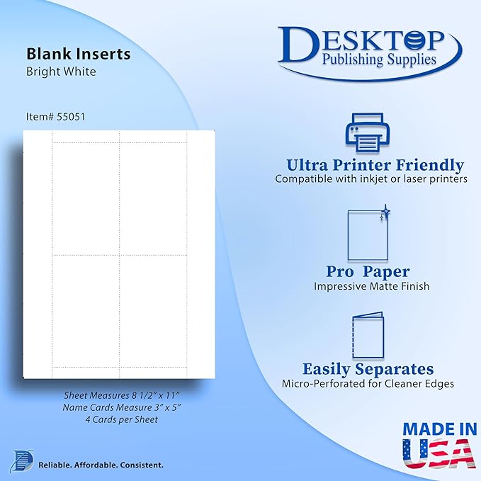 65lb White Printable Index Cards 3x5 - Index Card Sheets for Inkjet & Laser Printers - Perforated cards 4 per page - 100 Sheets / 400 Index Cards