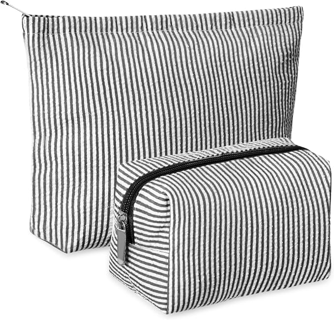 Huhumy 2 Pcs Makeup Bag Set for Women, Black, Thin Striped Seersucker | Cute Cosmetic Pouch Women Travel Toiletry Bag Preppy Small Makeup Purse Pouch Aesthetic Skincare Brushes Storage Organizer