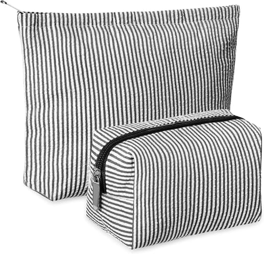 Huhumy 2 Pcs Makeup Bag Set for Women, Black, Thin Striped Seersucker | Cute Cosmetic Pouch Women Travel Toiletry Bag Preppy Small Makeup Purse Pouch Aesthetic Skincare Brushes Storage Organizer