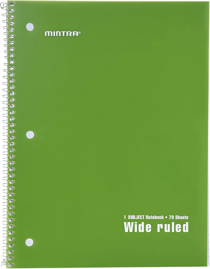 Mintra Office Spiral Notebooks Set - Primary Colors, Wide Ruled, Poly Waterproof Covers, Journals for School, Work, Business, Writing Pads, Teacher & Student Supplies, 70 Sheets Each, 6-Pack