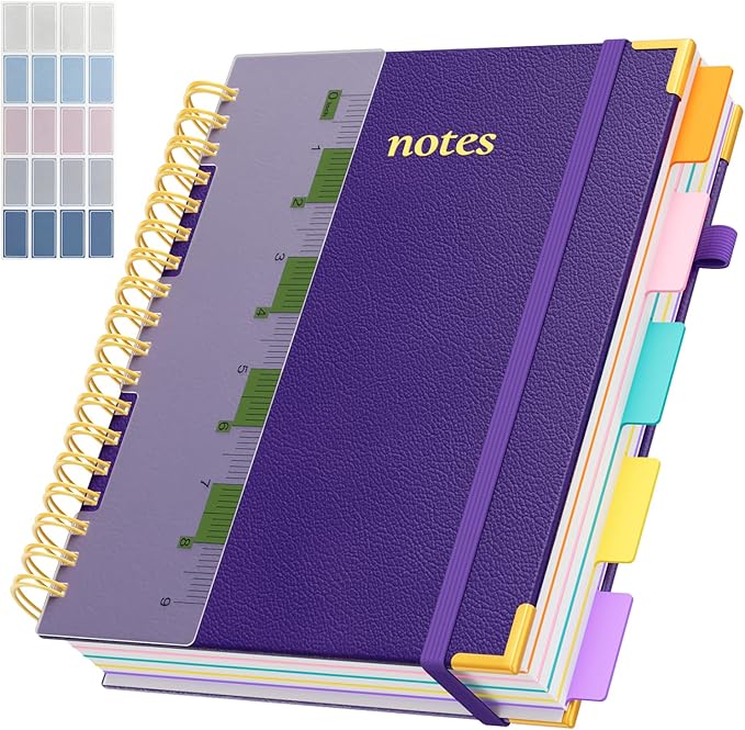 Line Hardcover Spiral Notebook with Removable Dividers Tabs & Ruler, 5 Subject Notebook College Ruled, 300 Page, Large 8"x10" B5 Notebooks for Work School, Lined Journal for Women & Men, Purple