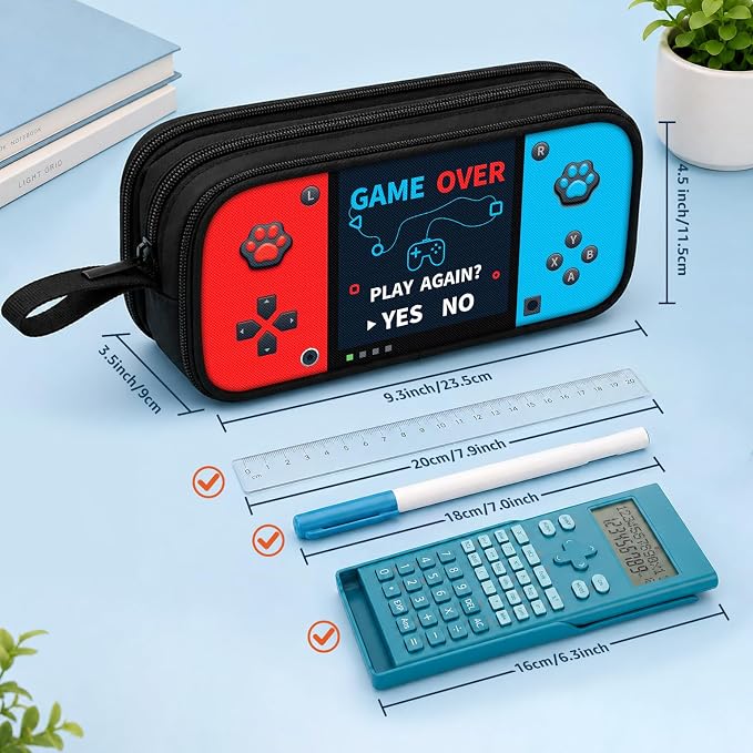 Game Controller Pencil Case for Boys Kids Teens, Large Capacity Pencil Pouch with 3 Compartments, 7 Pockets and Label Pocket for School College Office Travel (Red & Blue)