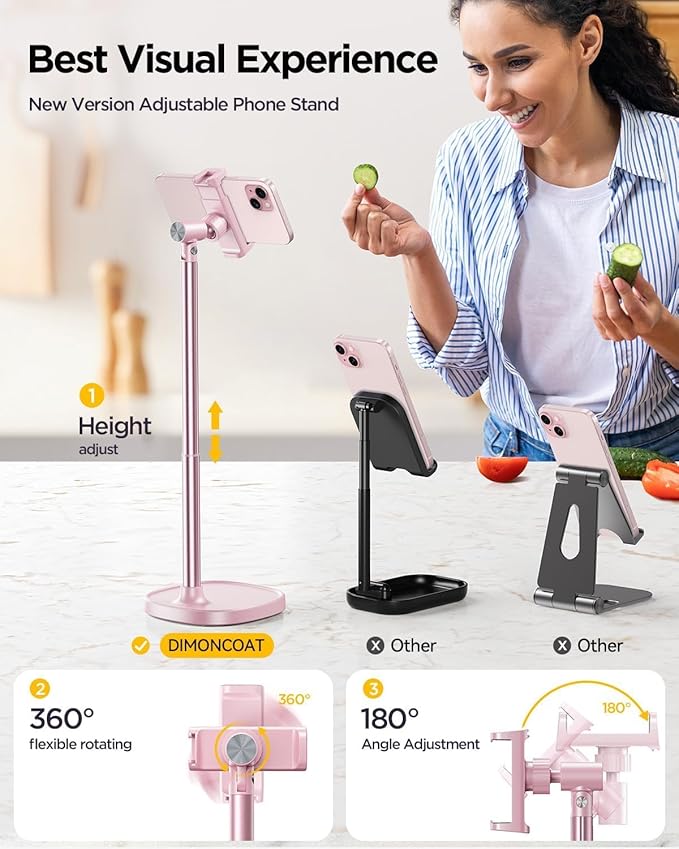 DIMONCOAT Cell Phone Stand for Desk, Stocking Stuffers Gifts for Teens Girls Boys Adults，Phone Holder Angle Height Adjustable, Aluminum Alloy Universal iPhone Stand for iPhone 17 16 15 Pro Max -Pink