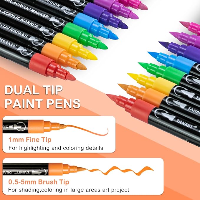 TANMIT 24 Colors Dual Tip Acrylic Paint Markers, Paint Pens Set with Brush Tip and Fine Tip For Fabric, Rock, Wood, Glass, Eggs, Scrapbook, DIY Crafts Making Art Supplies - Teacher Appreciation Gift