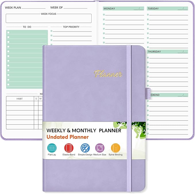 Undated Weekly and Monthly Planner, Hardcover Leather Calendar Blank Planner, Simplified To Do List Notebook with Goal & Habit Tracker Organizer, A5 Daily Weekly Planner for Work School Home, Purple