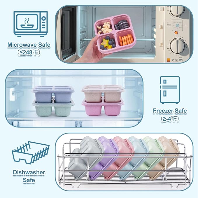 4 Pack Snack Containers with Lids, 2-Cup Capacity, 4 Compartments, BPA Free | Reusable, Snug Lids Retain Freshness, Microwave & Dishwasher Safe for Work, Travel and Picnic Meal Prep