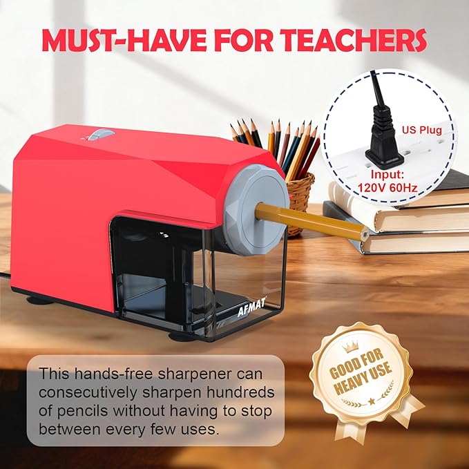 AFMAT Electric Pencil Sharpener, Fast & Hands-Free, 10K+ Uses, 5 Nibs, Fully Automatic Pencil Sharpener for Classroom, Heavy Duty Sharpeners for No.2/Jumbo/Colored Pencils (φ6.5-10.5mm) US Plug(120V)