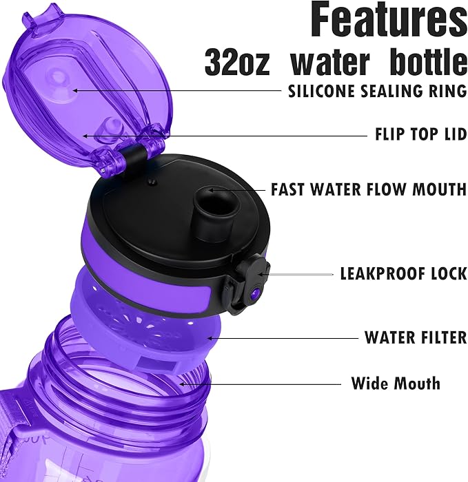 OLDLEY Water Bottle, 32oz Motivational Sports Water Bottle with Time Marker - Times to Drink - Tritan, BPA Free, Wide Mouth Leakproof, Anniversary Birthday Gifts for Men Women, Deep Purple (1 Bottle)