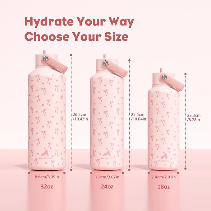 POWCAN 24 oz Insulated Water Bottle: Leakproof, Cup Holder Friendly, Cold for 24H, BPA-free, Top Handle, Double Walled Metal Water Bottle for Student, Girl, School, Camping, Daily (Sweetheart Bow)