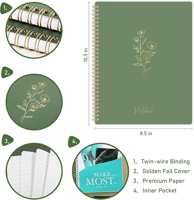 Spiral Notebook - College Ruled Notebook, Notebook Journal, 8.5'' x 10.5'', 55 Sheets/110 Pages, Journal for Women, Journal with Spiral Bound, Inner Pocket, Notebook for Office/School/Home - Green
