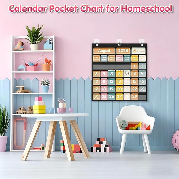 45 Pockets Classroom Calendar for Kids Learning, Pocket Chart Calendar Decor with Special Educational Cards, Teacher and Classroom Must Have Supplies, Boho