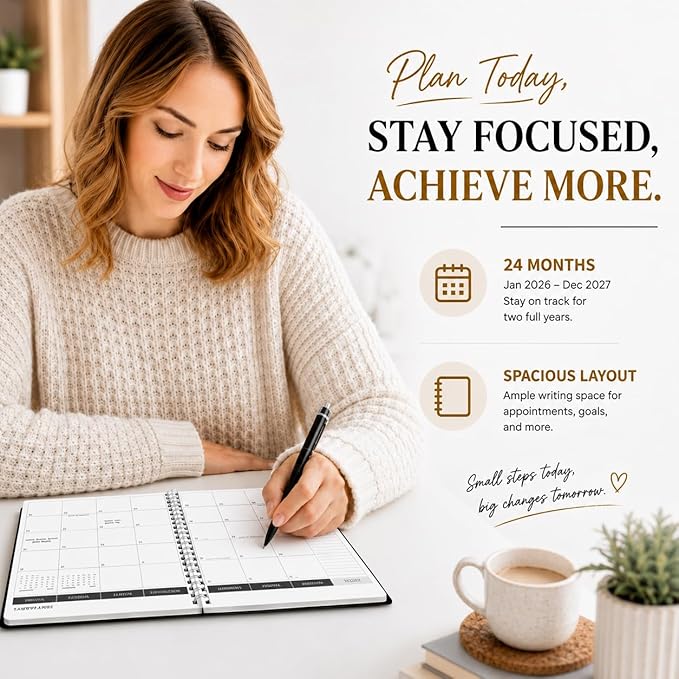 Monthly Planner 2026-2027, 2026 Calendar 24 Months Planner, Jan 2026 - Dec 2027, 8.6" x 11", Academic Calendar Hard PVC Cover with Spiral Bound, Perfect for School & Office for Women & Men