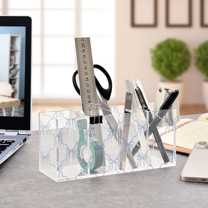 Aslsiy Cute Blue Coquette Bow Pen Holder White 4 Compartments Acrylic Pencil Holder Clear Makeup Brush Holder Desk Organizer Office Supplies