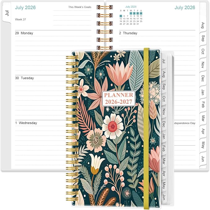 2026-2027 Pocket Planner/Calendar - 2026-2027 Planner from July 2026 - June 2027, Planner 26-27 with 12 Tabs, Twin-Wire Binding, Inner Pocket, 3.75" x 6.75", Flower-B