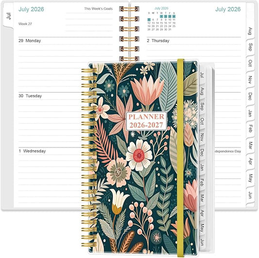2026-2027 Pocket Planner/Calendar - 2026-2027 Planner from July 2026 - June 2027, Planner 26-27 with 12 Tabs, Twin-Wire Binding, Inner Pocket, 3.75" x 6.75", Flower-B
