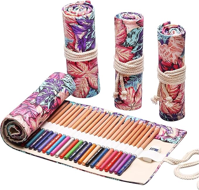 DIYOMR 12/24/36/72 Slots Pencil Wrap Pencil Rolls, Artist Colored Pencils Roll Up Bag Short Brushes Pouch Case Pencils Organizer for Drawing Coloring and Sketching, No Pencils (Maple Leaves, 12slots)