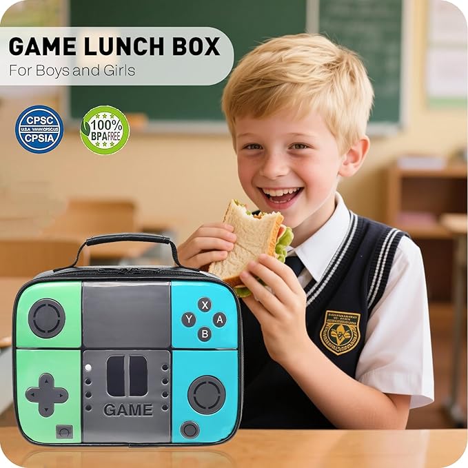 Kids Lunch Box for Boys,Game Console Insulated Lunch Bag for Kids,Leather Lunchbox for Boys,Waterproof Leakproof Portable Fits Most Bento Boxes