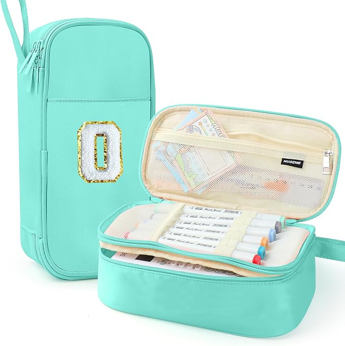 Large Pencil Case,Big Capacity Pencil Pouch,Personalized Initial Pencil Bag with smooth zipper,Multiple Pockets,Cute Aesthetic Stationery Pen Case Bag for Teen Girls College (Mint Green, O)