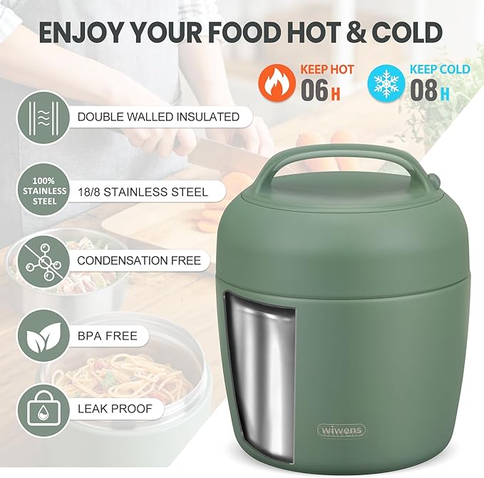 wiwens Thermo Food Jar for Hot Food Adults 32OZ Soup Thermo Lunch Containers Wide Mouth Vacuum Insulated Stainless Steel Leakproof Bento Box with Spoon