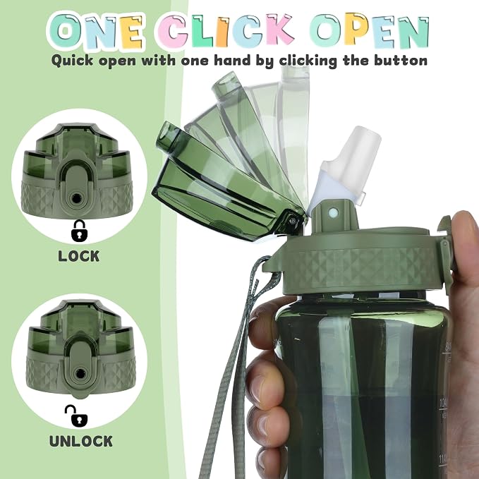 OLDLEY 12oz Kids Water Bottle, Tritan BPA-Free, Leakproof Flip Straw Lid, Motivational Time Marker, Carry Strap, Reusable Clear Water Bottle for Boys & Girls,Jade