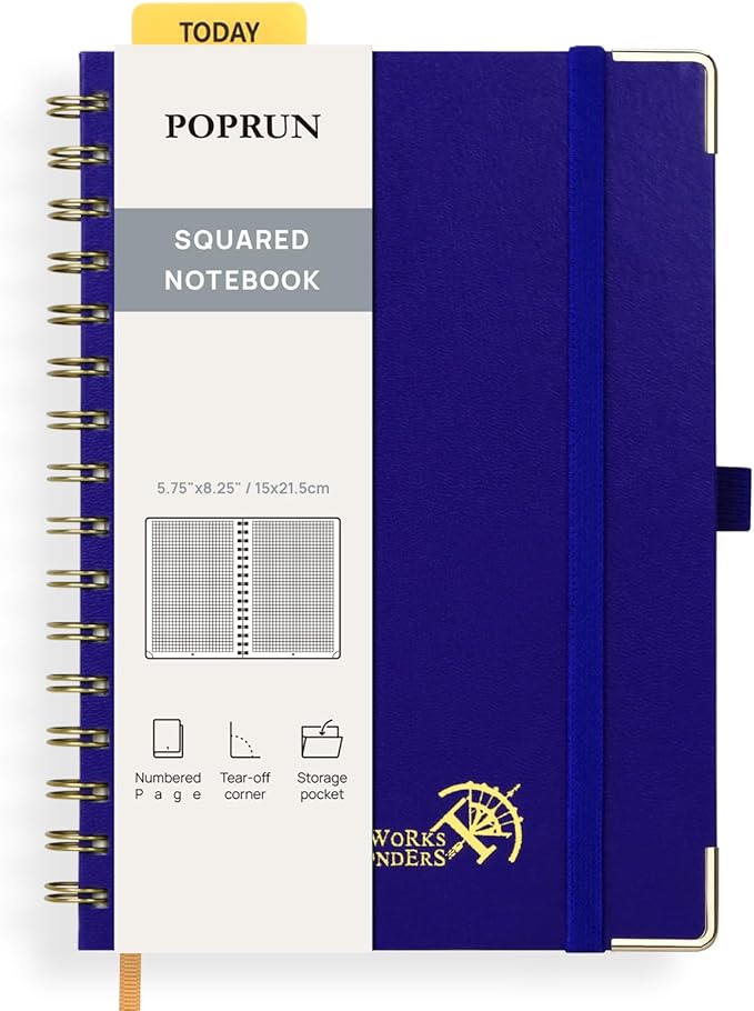 POPRUN Graph Spiral Journal Notebook - A5, 141 Pages Grid Notebooks for Women Men, 120 GSM Hardcover Graphing Journals for Work, School, Engineering & Graphing, 5.75'' x 8.25'', Royal Blue