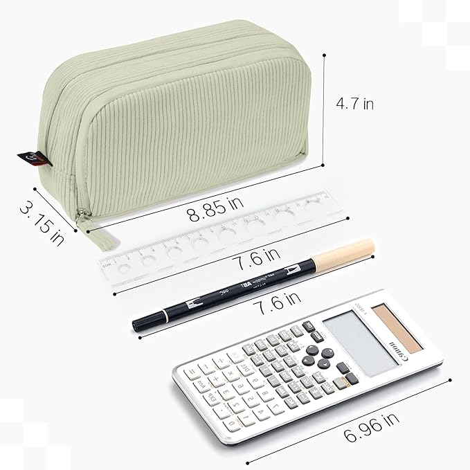 Sooez Big Capacity Pencil Case Pen Pouch, Soft Corduroy Pencil Bag with 3 Compartment, Multiple Pockets, Sturdy Zipper, Cute School Supplies Pen Bag Organizer For Teen Girls College, Green