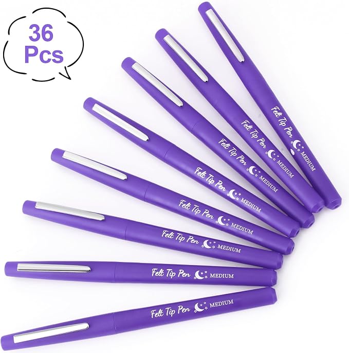 Fuyoooo 36 Pcs Purple Felt Tip Pens Bulk, Quick Dry, 0.7 mm Medium Point