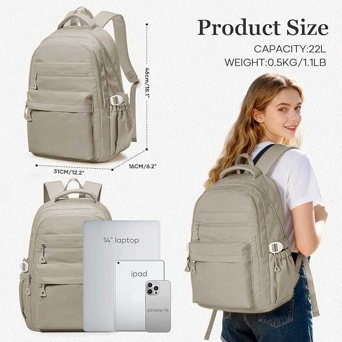 Backpack for College Students Women Men, Aesthetic Backpacks for Middle School, Waterproof Bookbag, Lightweight High School Backpack for Teens Boys Girls(Gray Brown)