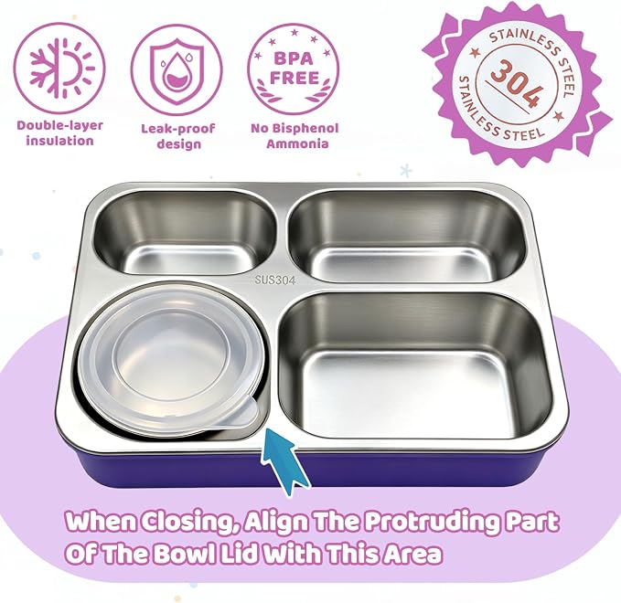 Kids Stainless Steel Lunch Box,304 Stainless Toddler Leak-Resistant Insulated Metal Bento Box,Suitable Schools,Office,Use Comes With An Independent Soup Cup,Tableware,4 Compartments (Purple) ﻿