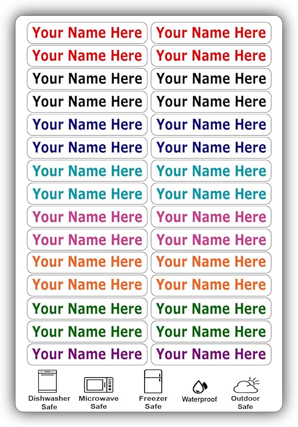 30 Long Personalized Waterproof Name Labels. Press and Stick Multi use Custom Name Labels. Customized Your Text and Color. ID Identification Name Stickers with Permanent Self Adhesive.