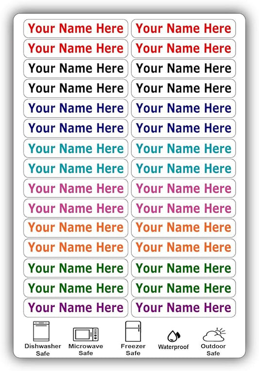 30 Long Personalized Waterproof Name Labels. Press and Stick Multi use Custom Name Labels. Customized Your Text and Color. ID Identification Name Stickers with Permanent Self Adhesive.