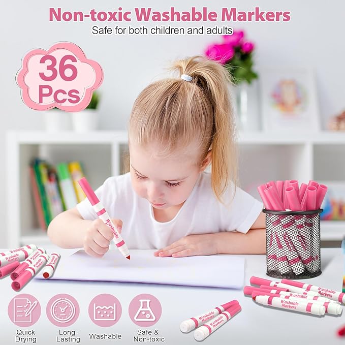 36 Pcs Pink Washable Markers Bulk Coloring Broad Line Markers for Kids Pink Conical Tip Drawing Pen for Christmas,School Supplies, Travel Art Baby Shower Gender Reveal Party Supplies, Ages 6+